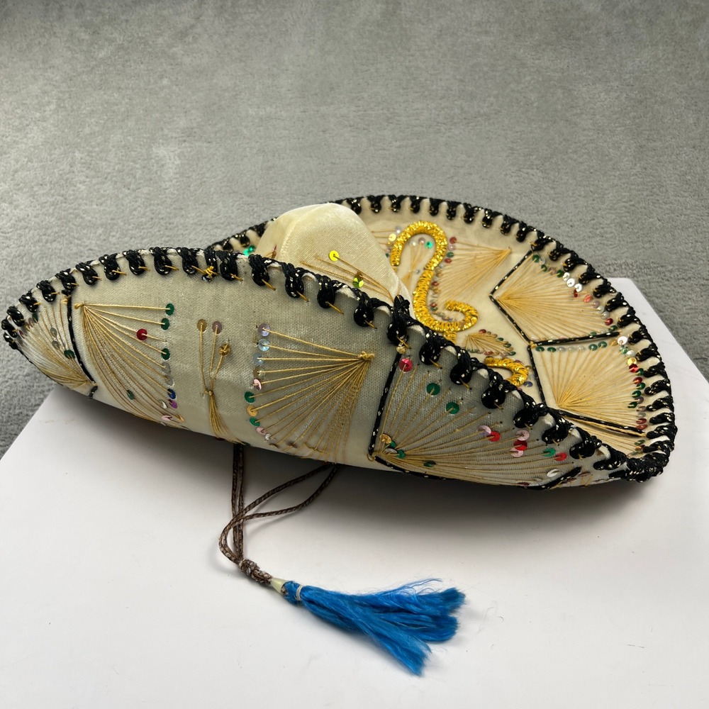 Pigalle Sombrero Mexican Hat Adult OS Cream Gold Sequin Mariachi Velvet Folk Art
